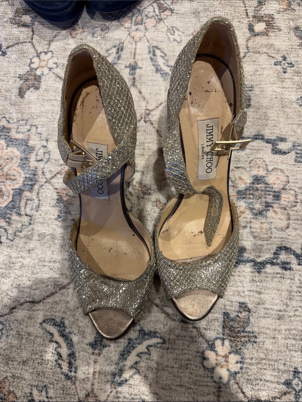 Jimmy Choo Gold Glitter Peep-Toe Ankle-Strap Heels